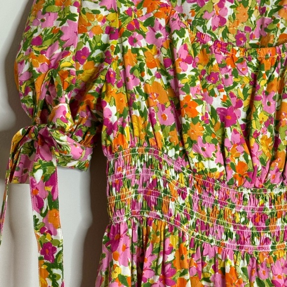 Terra & Sky Bright Floral Midi Dress Puff Sleeve Tie Detail Pink OrangeGreenBoho - Picture 2 of 7